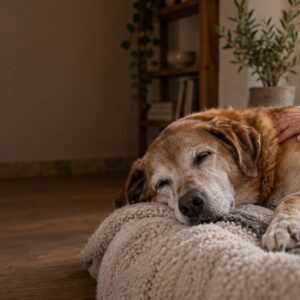 Perro mayor descansando acompañado por su tutora