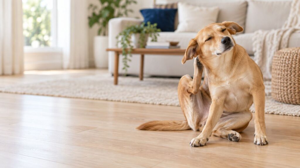 Perro rascándose detrás de la oreja con la pata trasera
